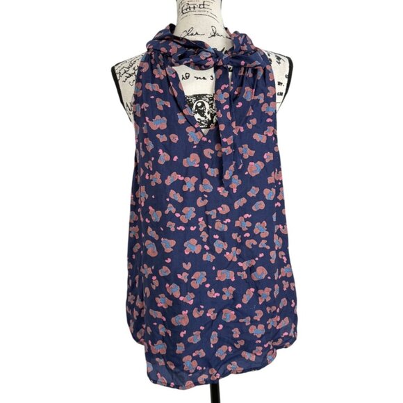 Oliphant Womens Sleeveless Floral Halter Top With Bow Tie Neck Navy Blue Size M - Picture 3 of 8